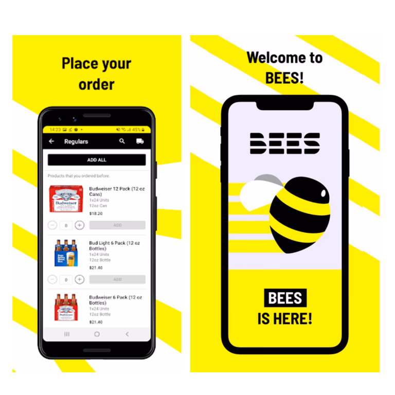 Two-panel advertisement with a smartphone showing a beer ordering app on the left, and a phone displaying a bee graphic and text 'Welcome to BEES! BEES IS HERE!' on the right, all set against a yellow and white striped background.