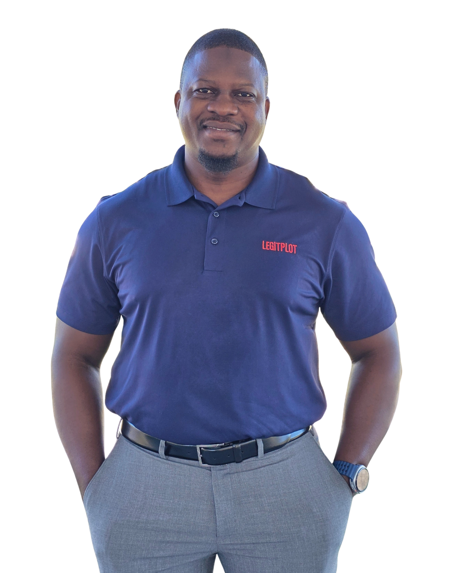 Nasser Muzaaya, founder of LegitPlot, wearing a LegitPlot polo shirt.