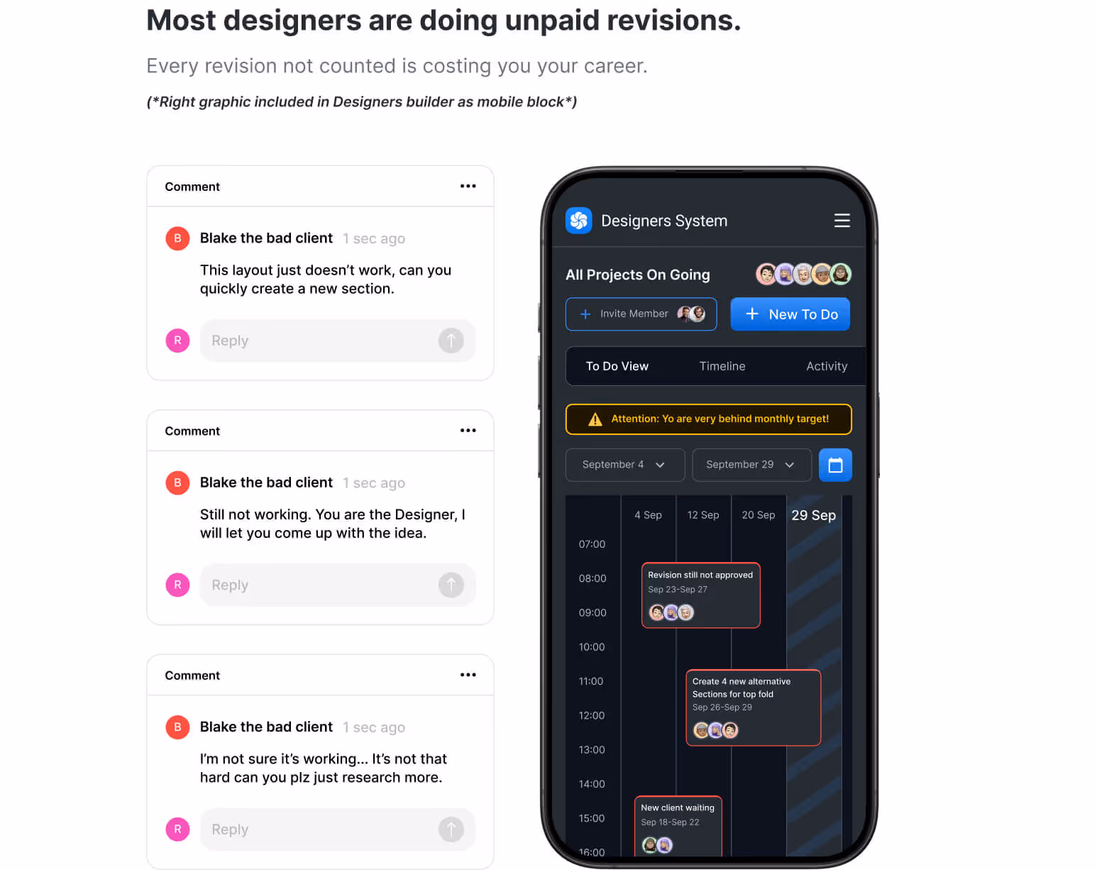 Visual representation of the endless client revision loop — showing how designers waste hours on back-and-forth feedback instead of progressing projects efficiently. Ideal context for promoting structured design systems and client-proof workflows.