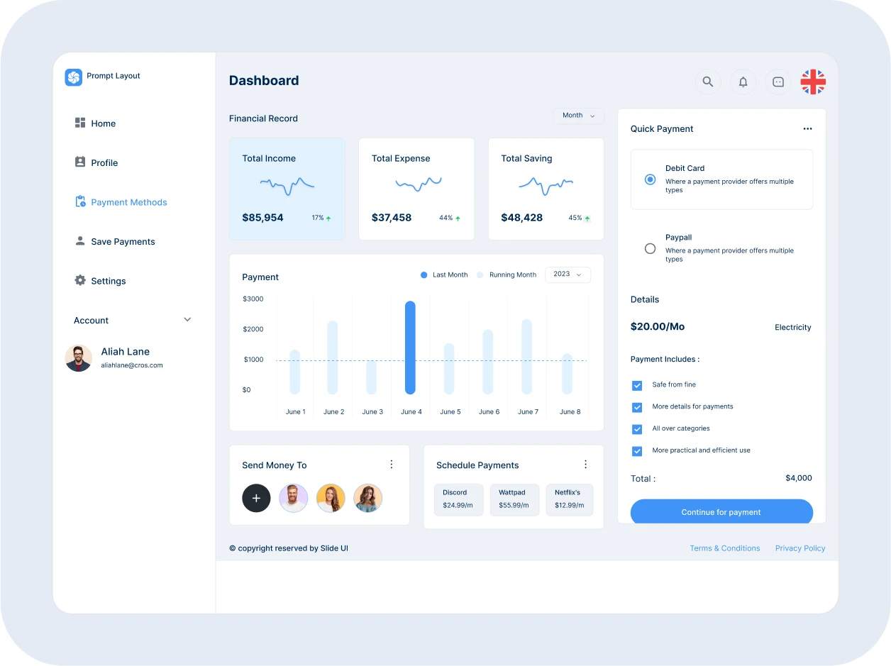 Modern SaaS dashboard UI template built in Figma. Features task management, team stats, notifications, and performance tracking — perfect for productivity tools, CRM platforms, and business admin dashboards.