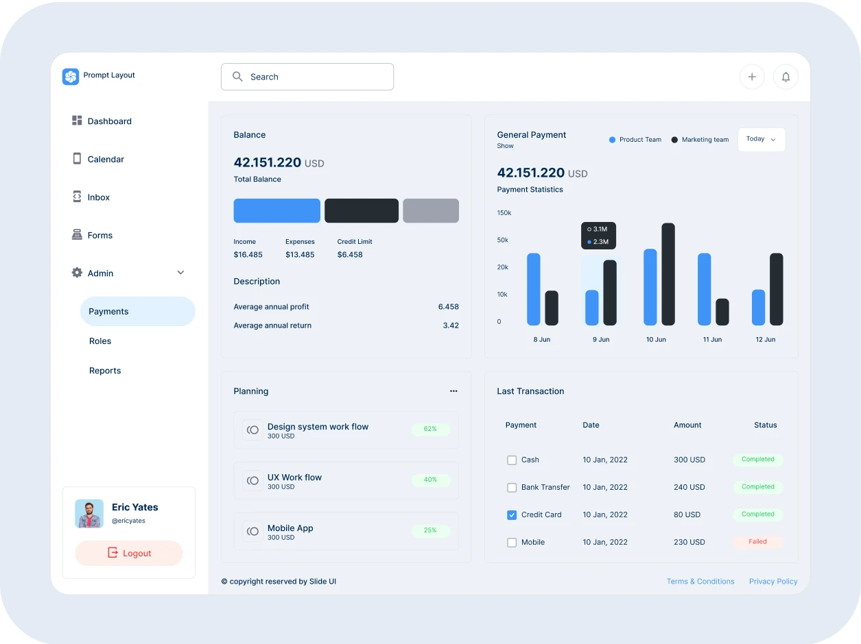 Figma UI dashboard for finance and business analytics. Includes statistic cards, bar charts, tables, and transaction history. Ideal for fintech, SaaS, crypto, and admin dashboards.