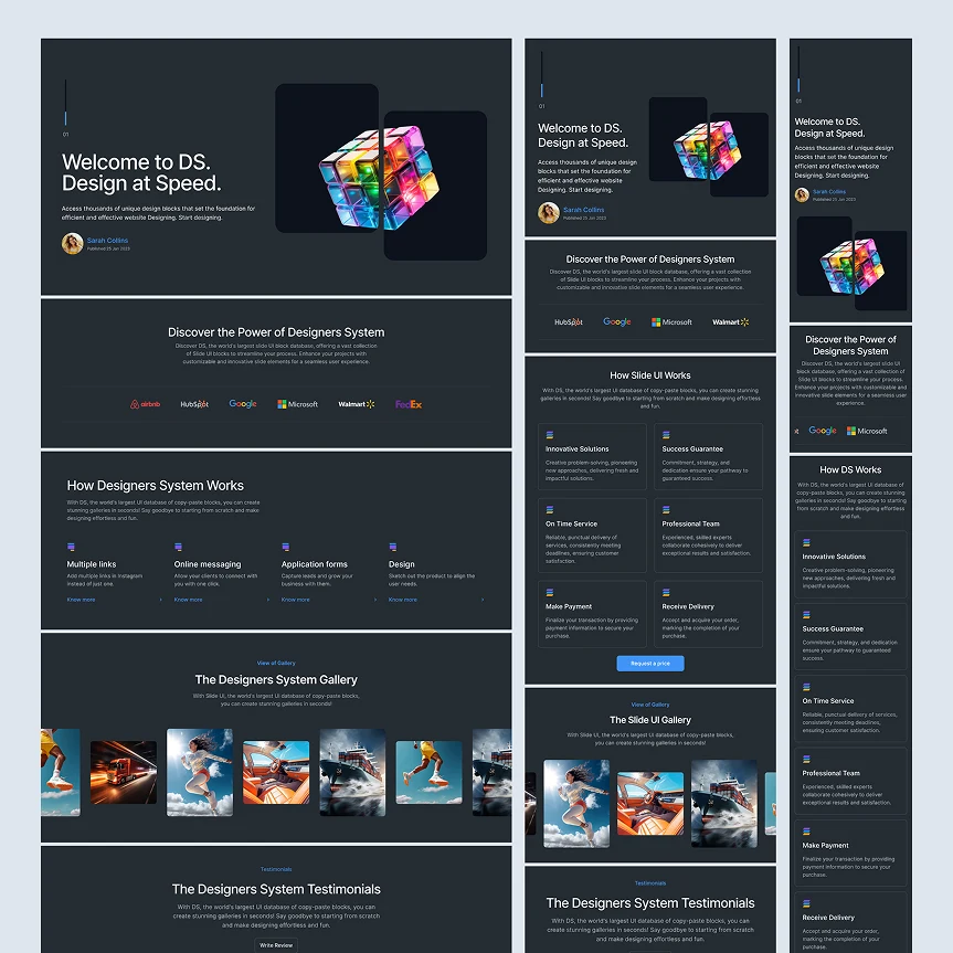 Responsive Figma UI/UX blocks for desktop, tablet, and mobile. Includes hero sections, “as seen in” logos, how-it-works steps, and gallery layouts.