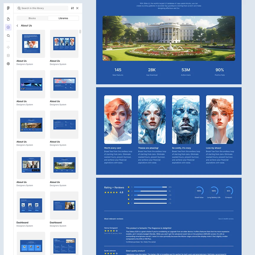 Drag-and-drop Figma block library for building websites. Includes pre-designed UI/UX sections for fast, consistent layouts.