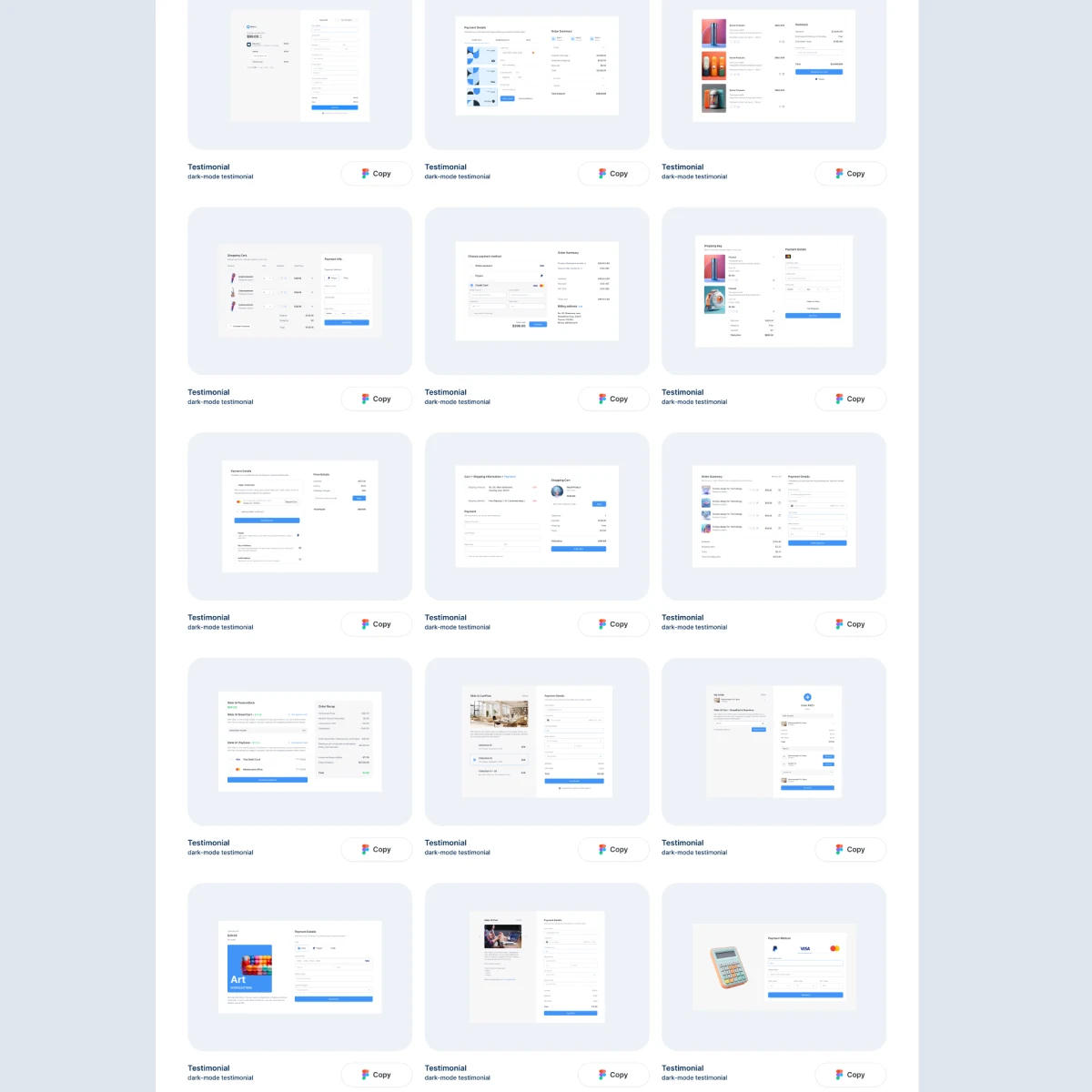 Light-themed Figma testimonial UI blocks for websites. Includes client reviews, star ratings, and profile layouts. Ideal for SaaS, eCommerce, finance, and agency sites. Fully responsive and built for fast drag-and-drop in Figma.