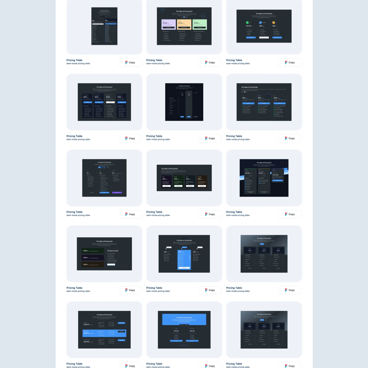 Figma pricing table block layouts for UI/UX design. Dark-themed, responsive sections ideal for SaaS, finance, education, and eCommerce websites. Built for fast, consistent web design.