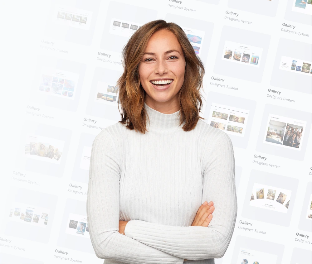 Smiling lady with white shirt and here arms crossed with website design layouts faded in the background.