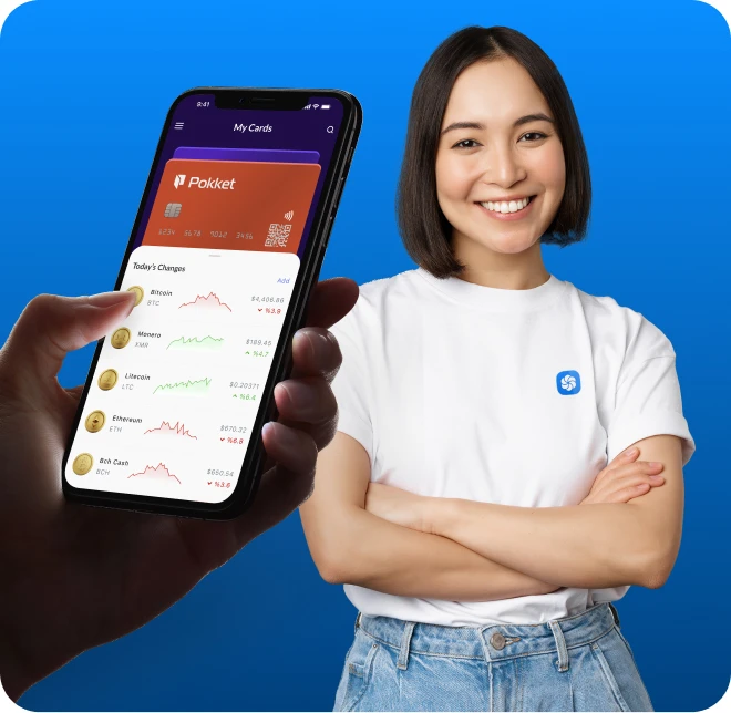 Employee folding arms, smiling at the screen, asian descent. iphone hand popping in on the side holding finance UI.