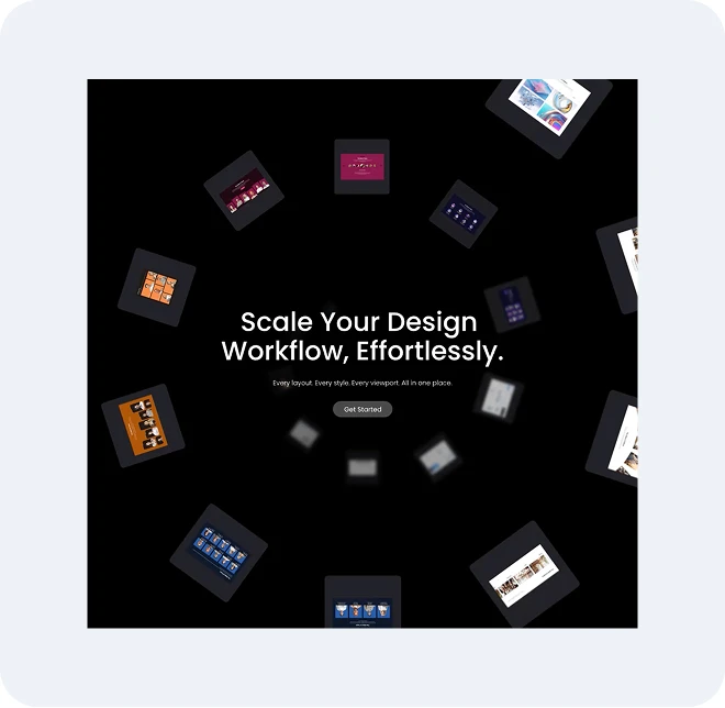 Swirl of custom UI blocks with text in the centre saying 'scale your design workflow, effortlessly.'