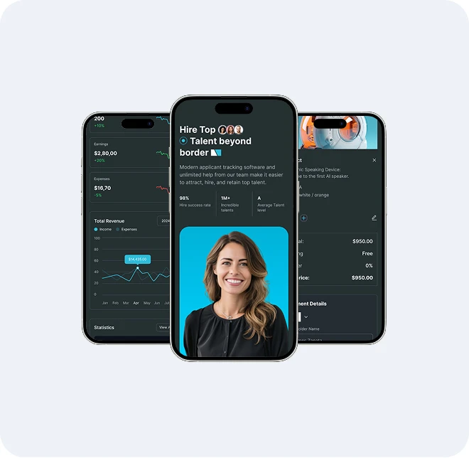 iPhone ui screen, with a women smiling and finance and talent mobile design screens.