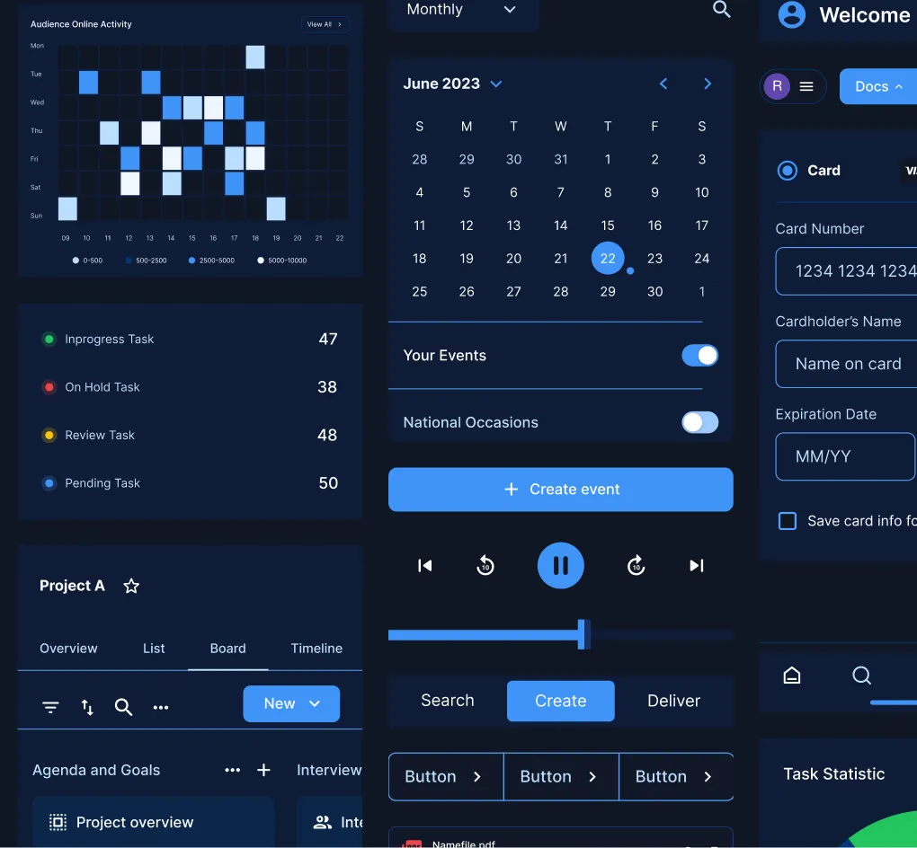 UI charts in dark mode - calendars, buttons, cards and more.