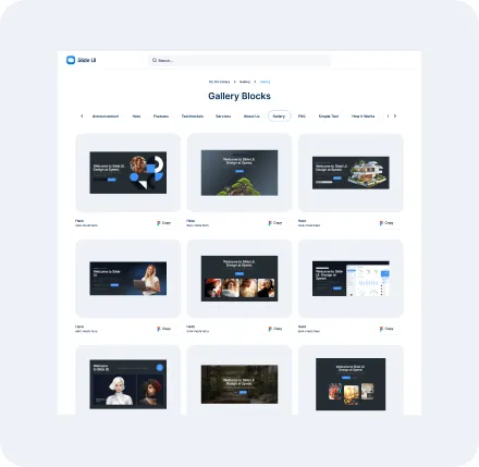UI blocks in a grid format, showing hero layouts.