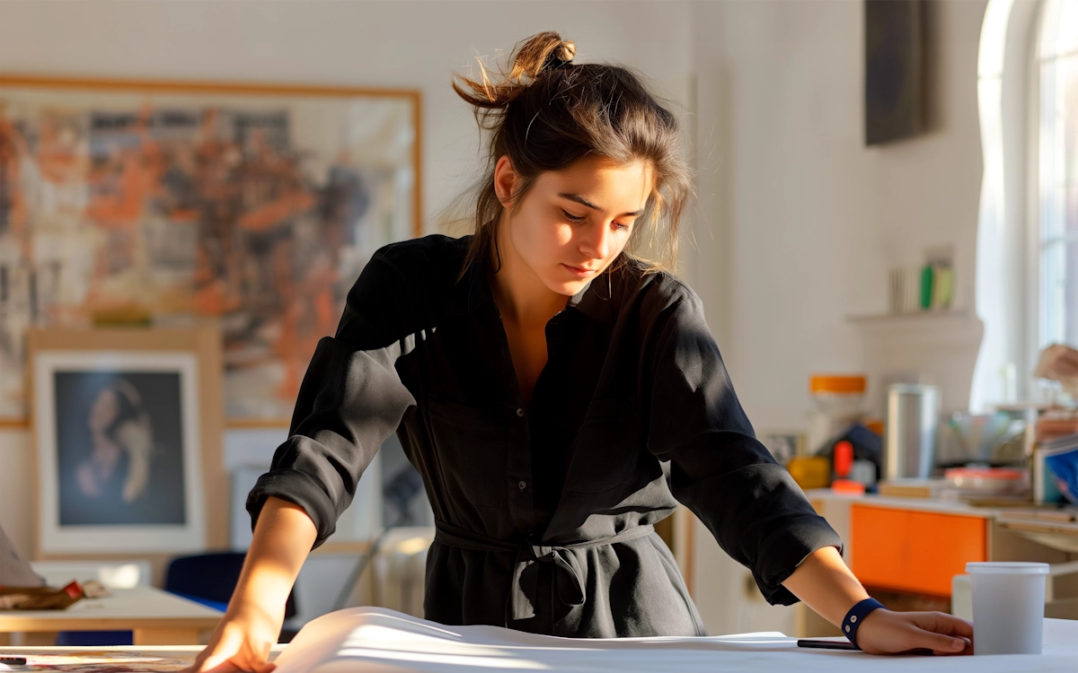 Young woman in a black shirt concentrating on her work at a table in a sunlit room.
