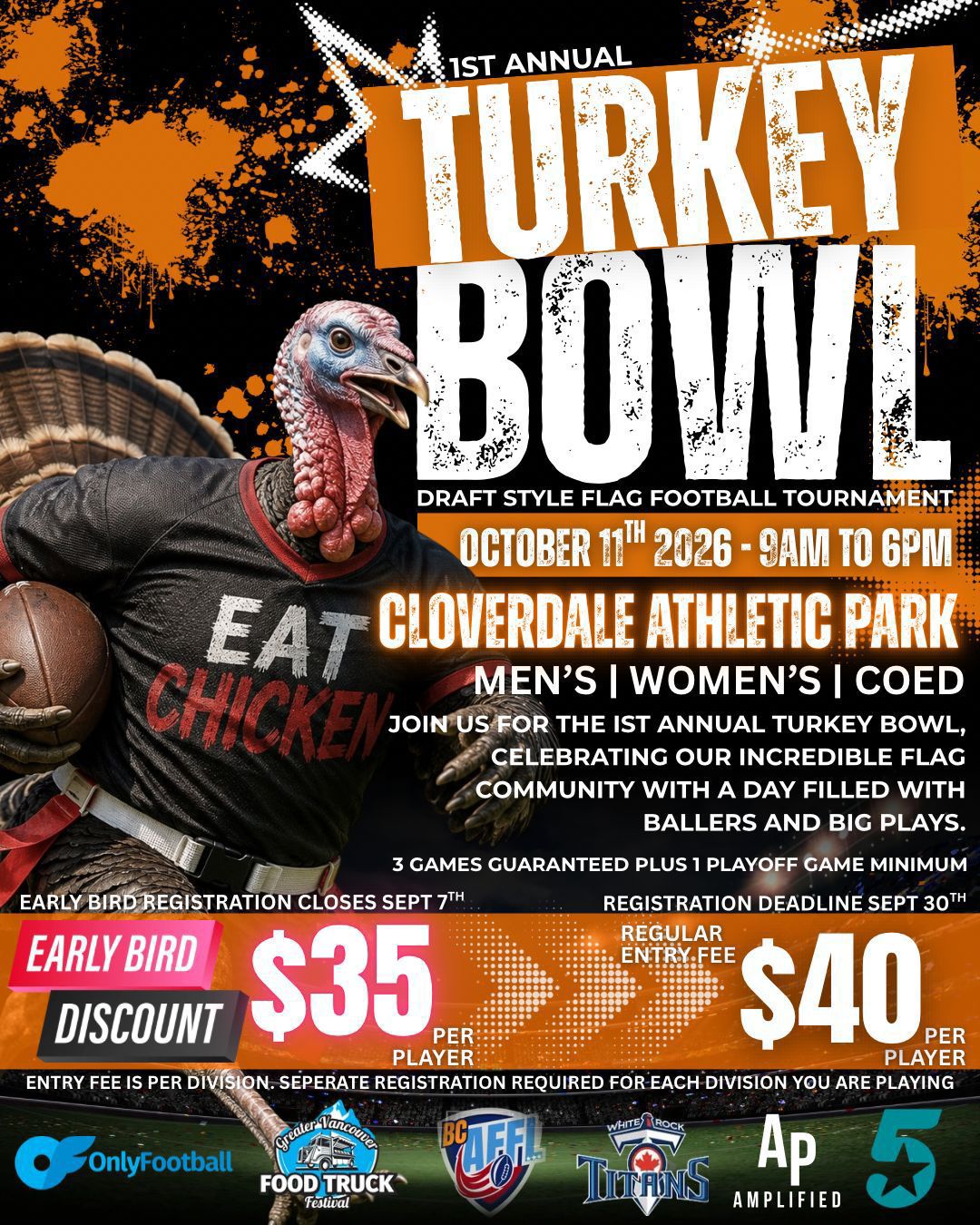 Turkey Bowl 2026 poster: draft-style flag football tournament, October 11 at Cloverdale Athletic Park