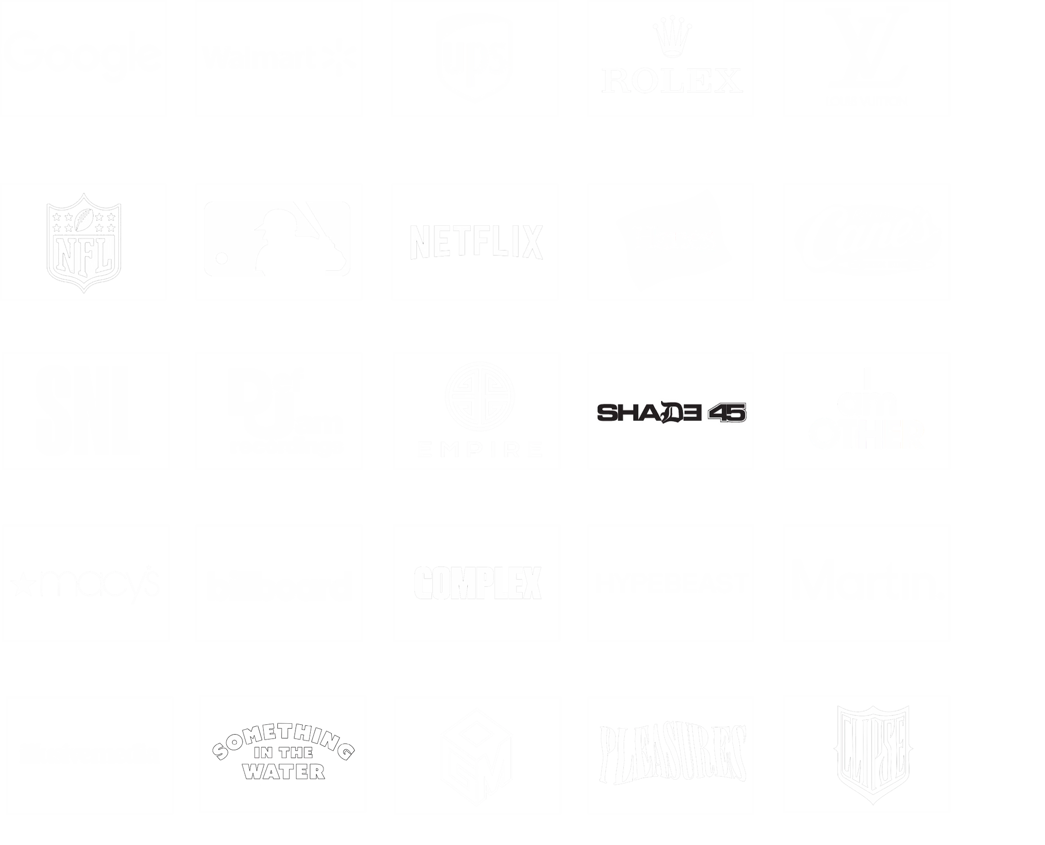 Grid of logos from brands and artists partnered with So & So Productions — highlighting work for Hanes, UPS, Walmart, and more.