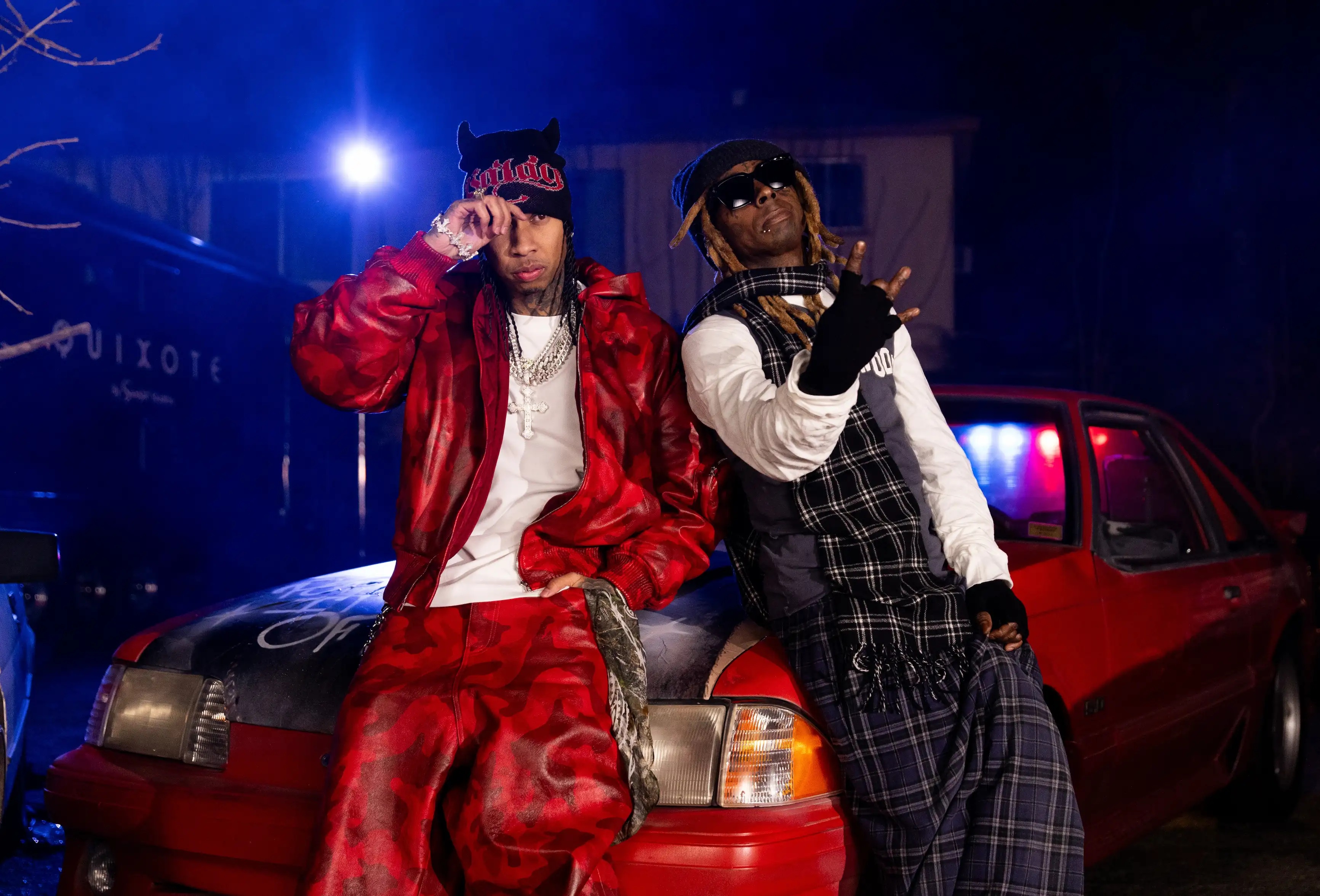 Behind-the-scenes photo from Tyga × Lil Wayne Pop It Off production — creative direction and on-set photography by So & So Productions.