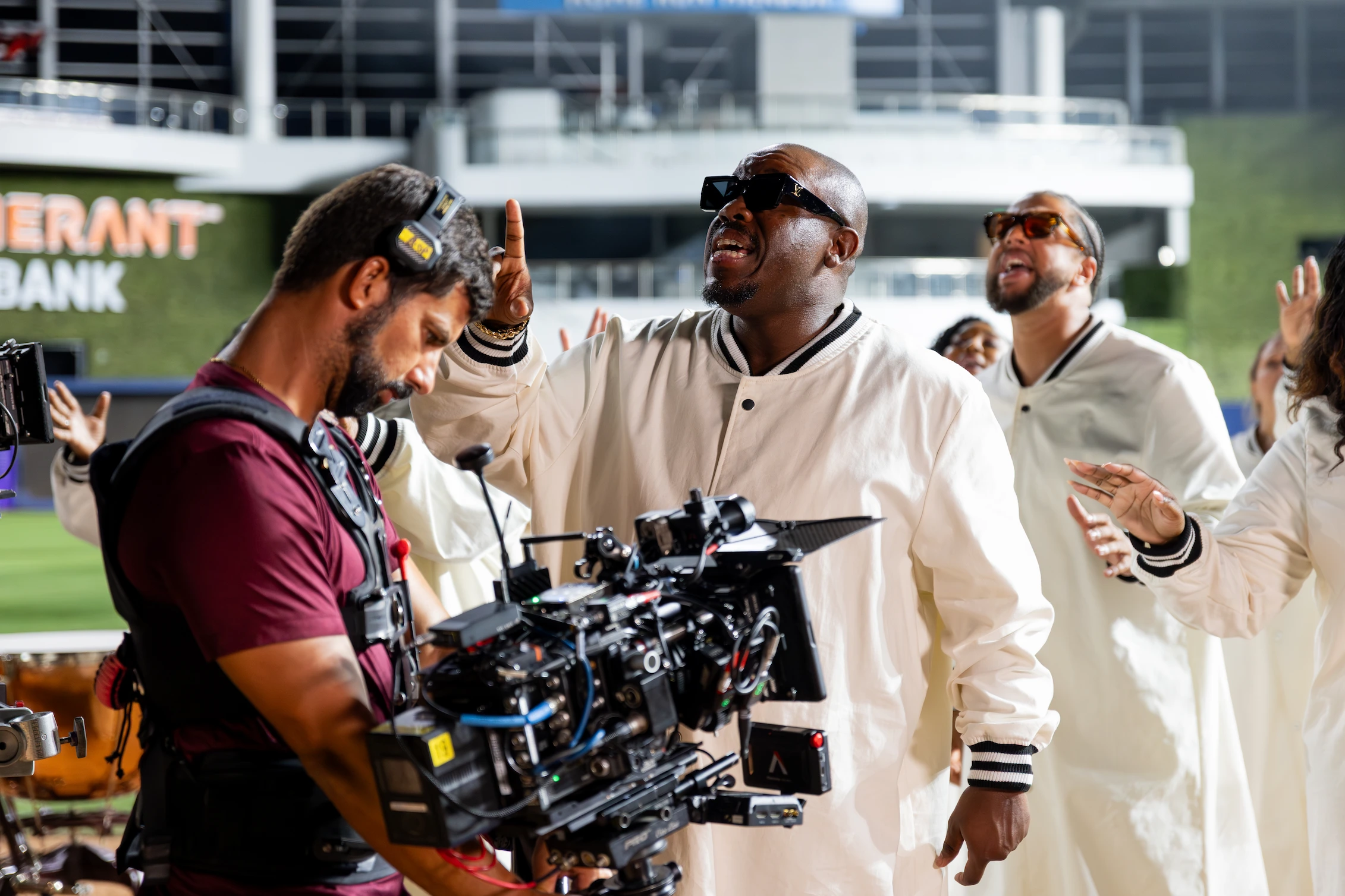 Voices of Fire choir performing during MLB Playoffs video shoot — So & So Productions behind-the-scenes photo