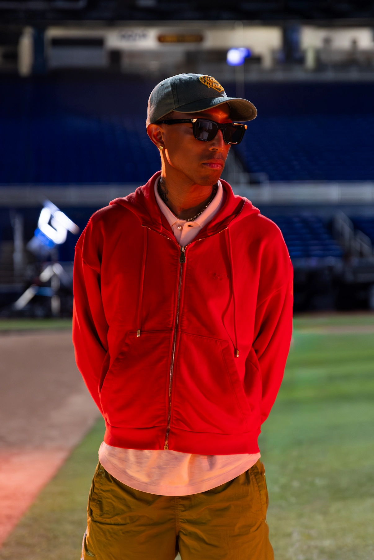 Pharrell Williams on MLB Playoffs commercial set directed by Dave Meyers — photo by So & So Productions