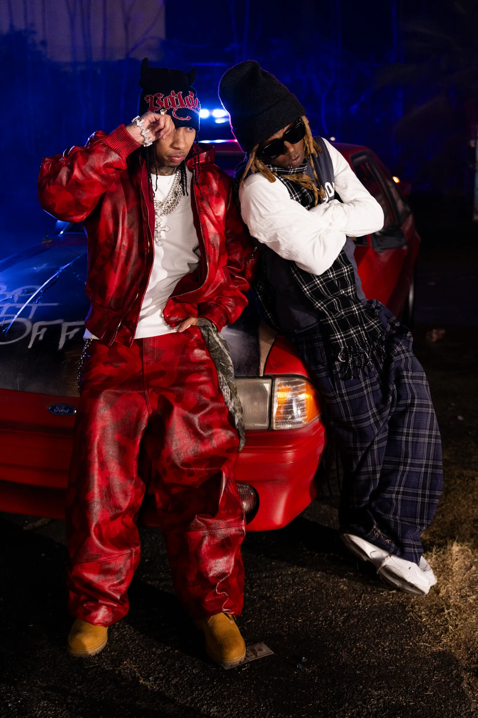 Behind-the-scenes photo from Tyga × Lil Wayne Pop It Off production — creative direction and on-set photography by So & So Productions.