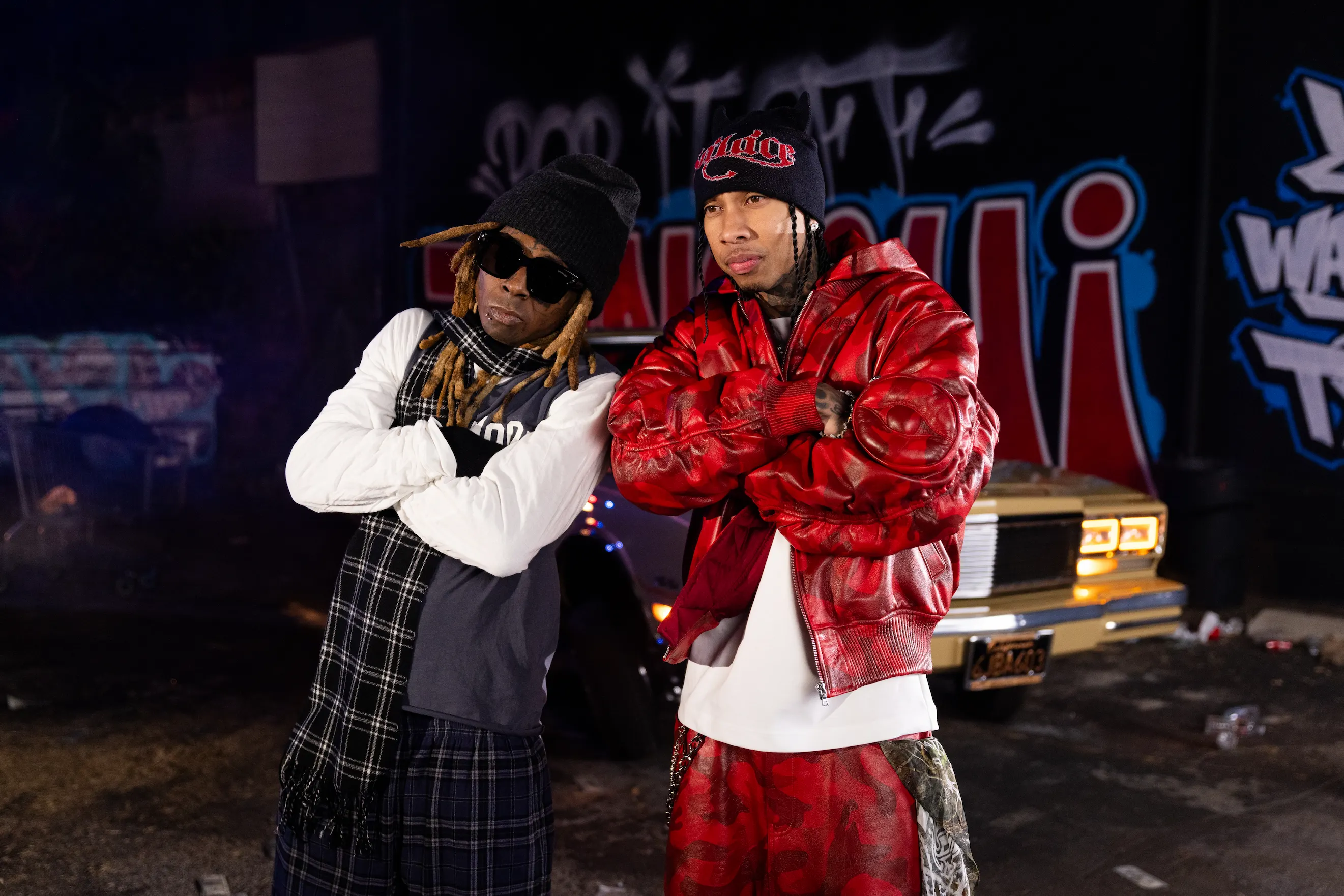 Tyga and Lil Wayne together on Pop It Off set — music collaboration photography by So & So Productions.