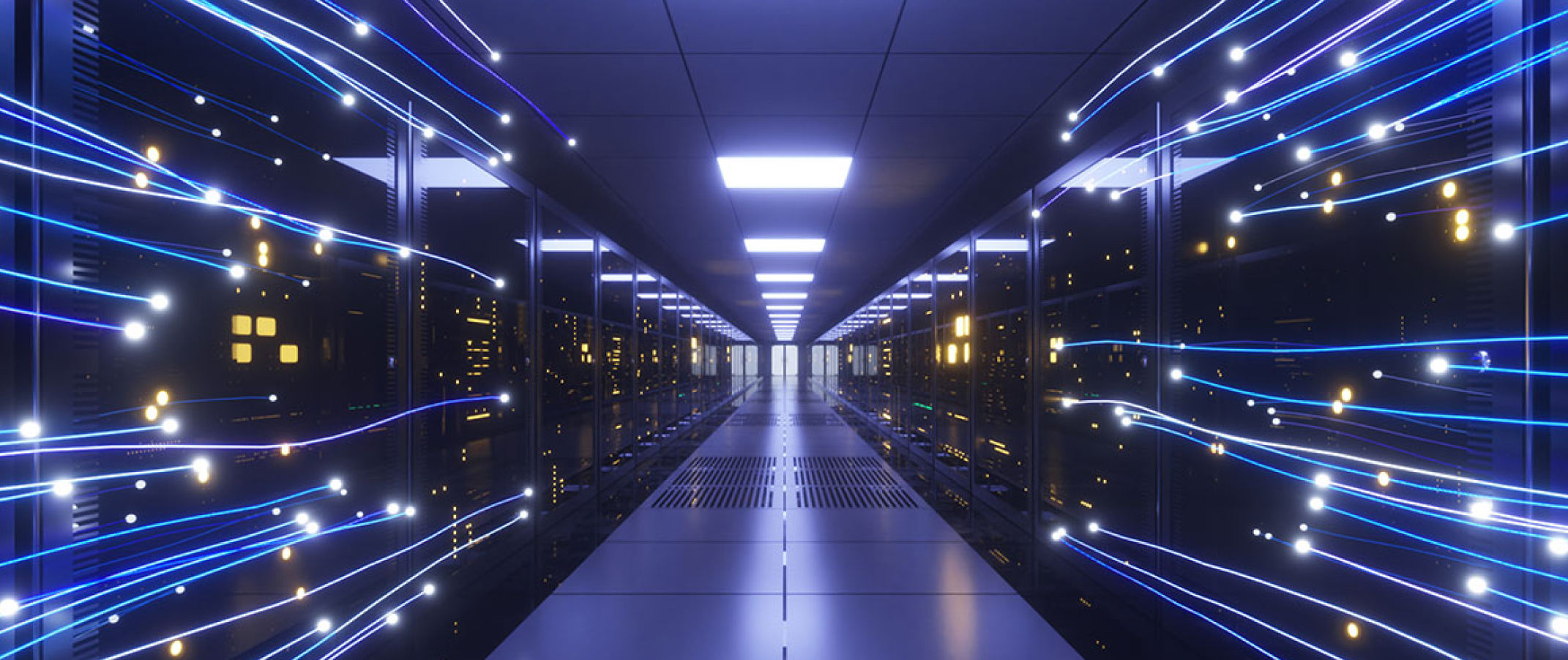 Rows of server racks in a data center hall with streaks of light flowing along the aisles