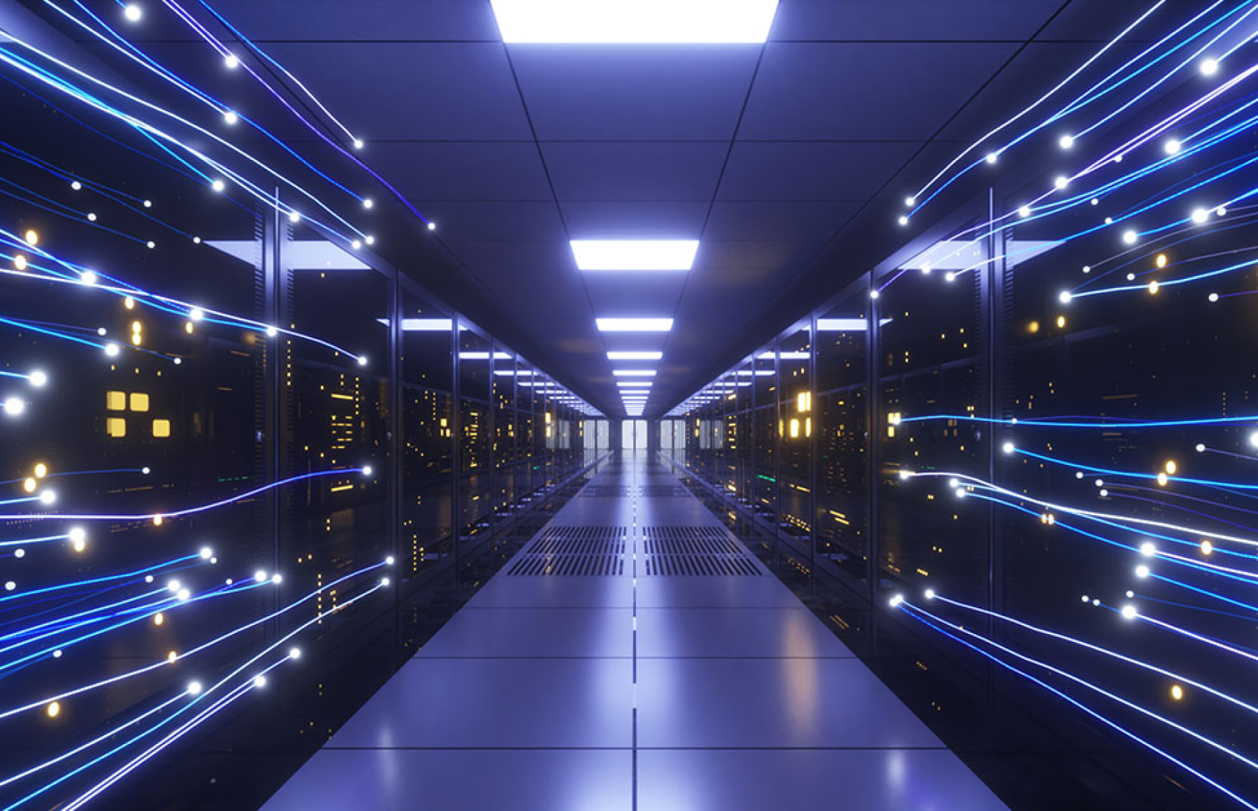 Rows of server racks in a data center hall with streaks of light flowing along the aisles