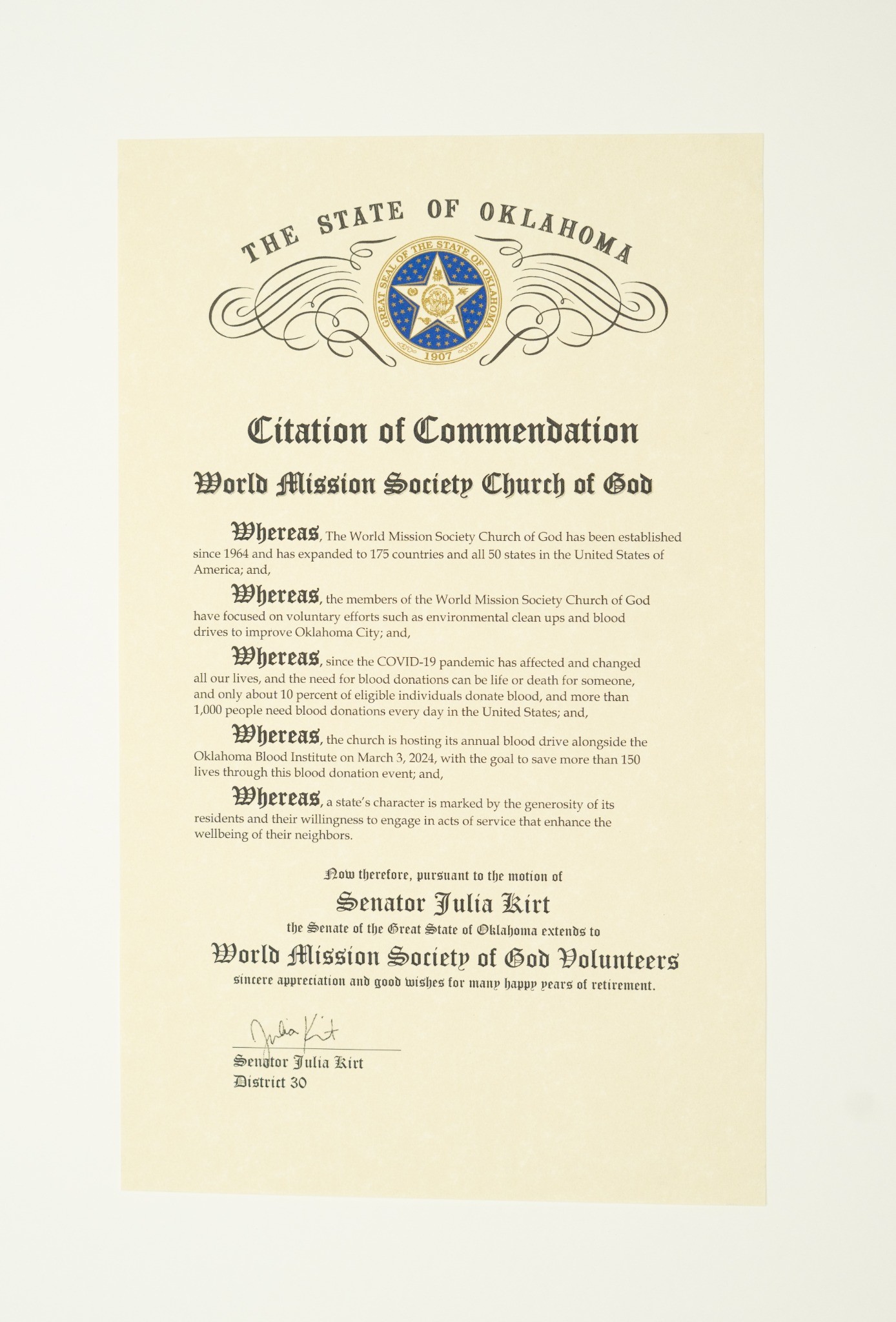 The Church of God Receives a Citation of Commendation from Oklahoma State Senate