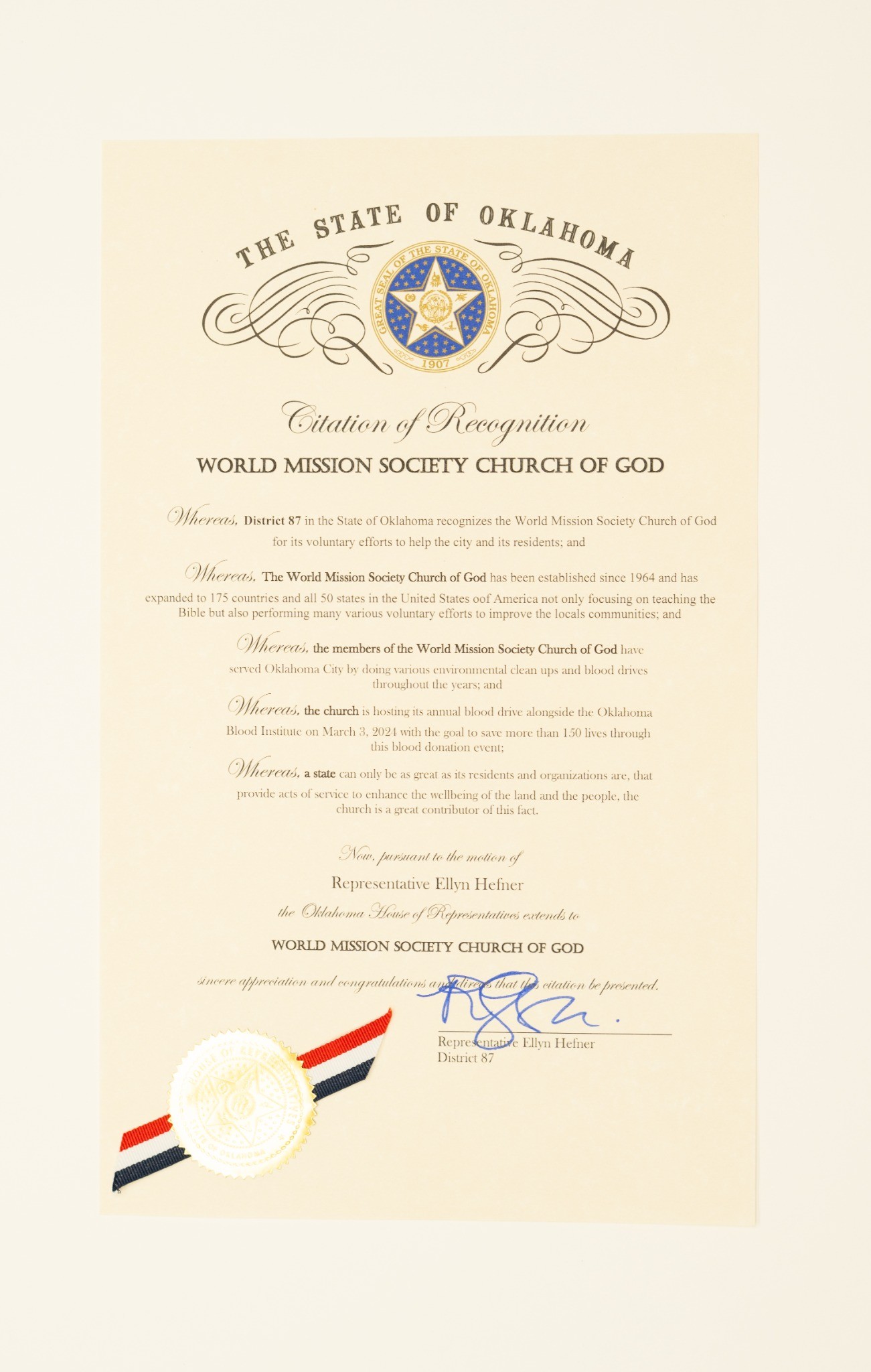 The Church of God Receives Citation of Recognition from the Oklahoma House of Representatives