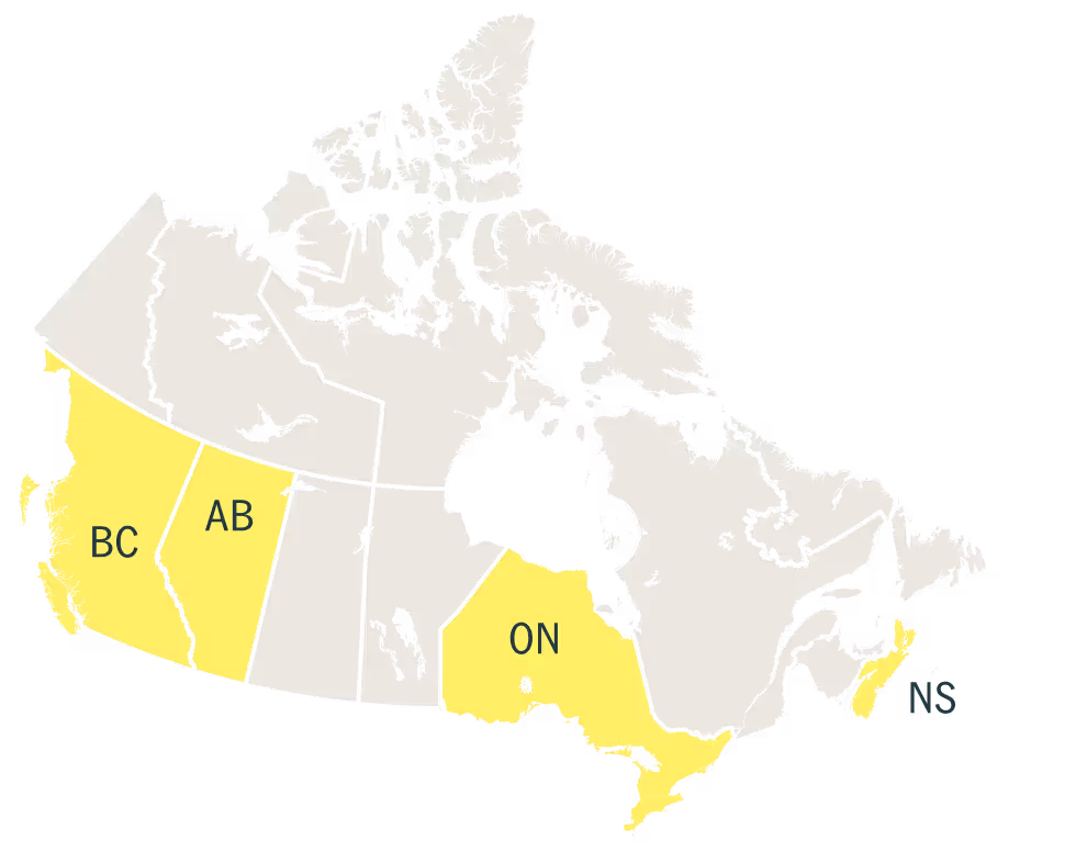 Map of Canada highlighting the provinces of British Columbia, Alberta, Ontario, and Nova Scotia in yellow.