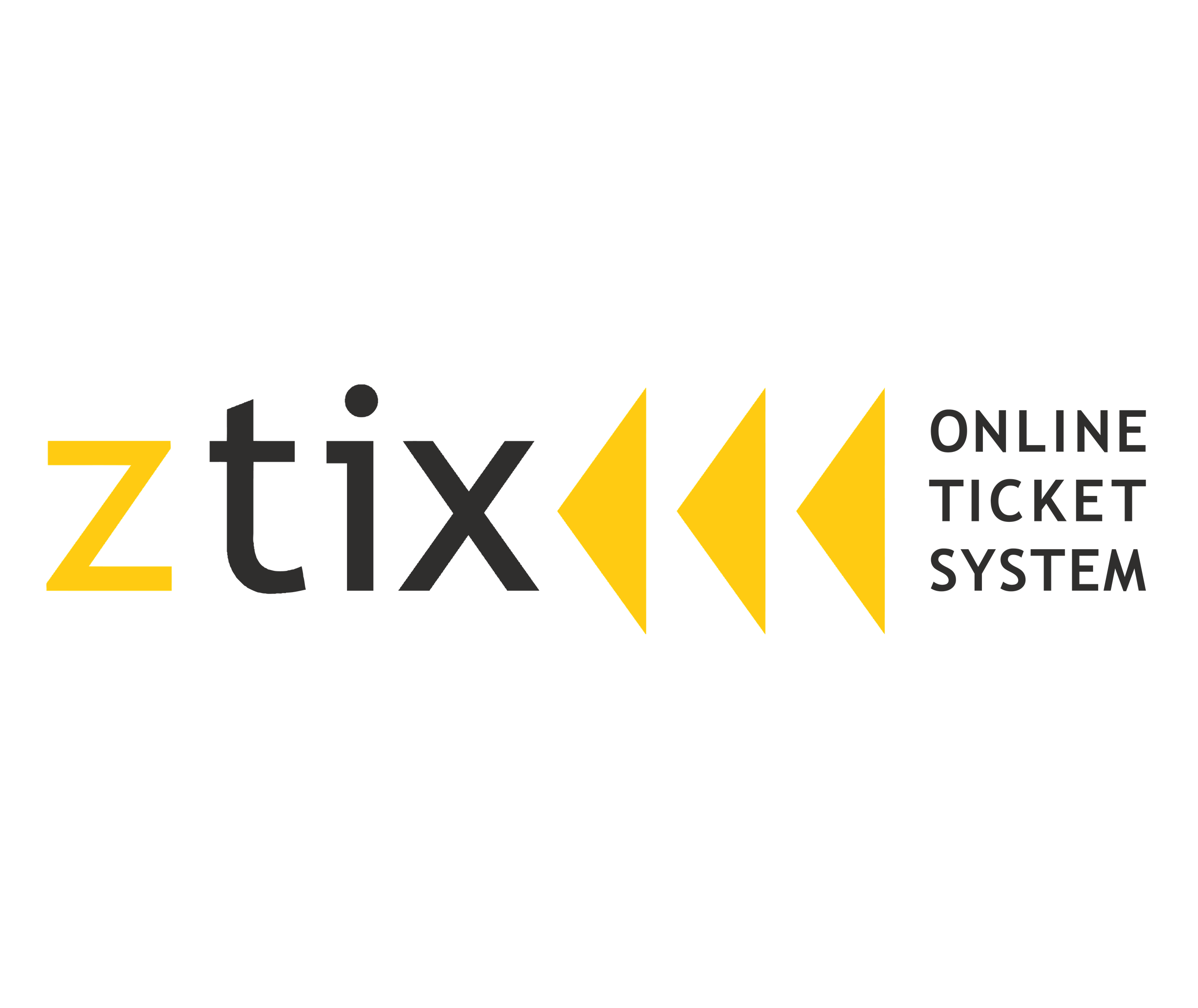 Logo von ztix mit drei gelben Dreiecken und dem Text Online Ticket System.