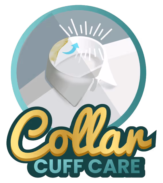 Stylized logo showing a white shirt collar with a blue arrow indicating lifting, above the words 'Collar Cuff Care' in bold yellow and teal text.