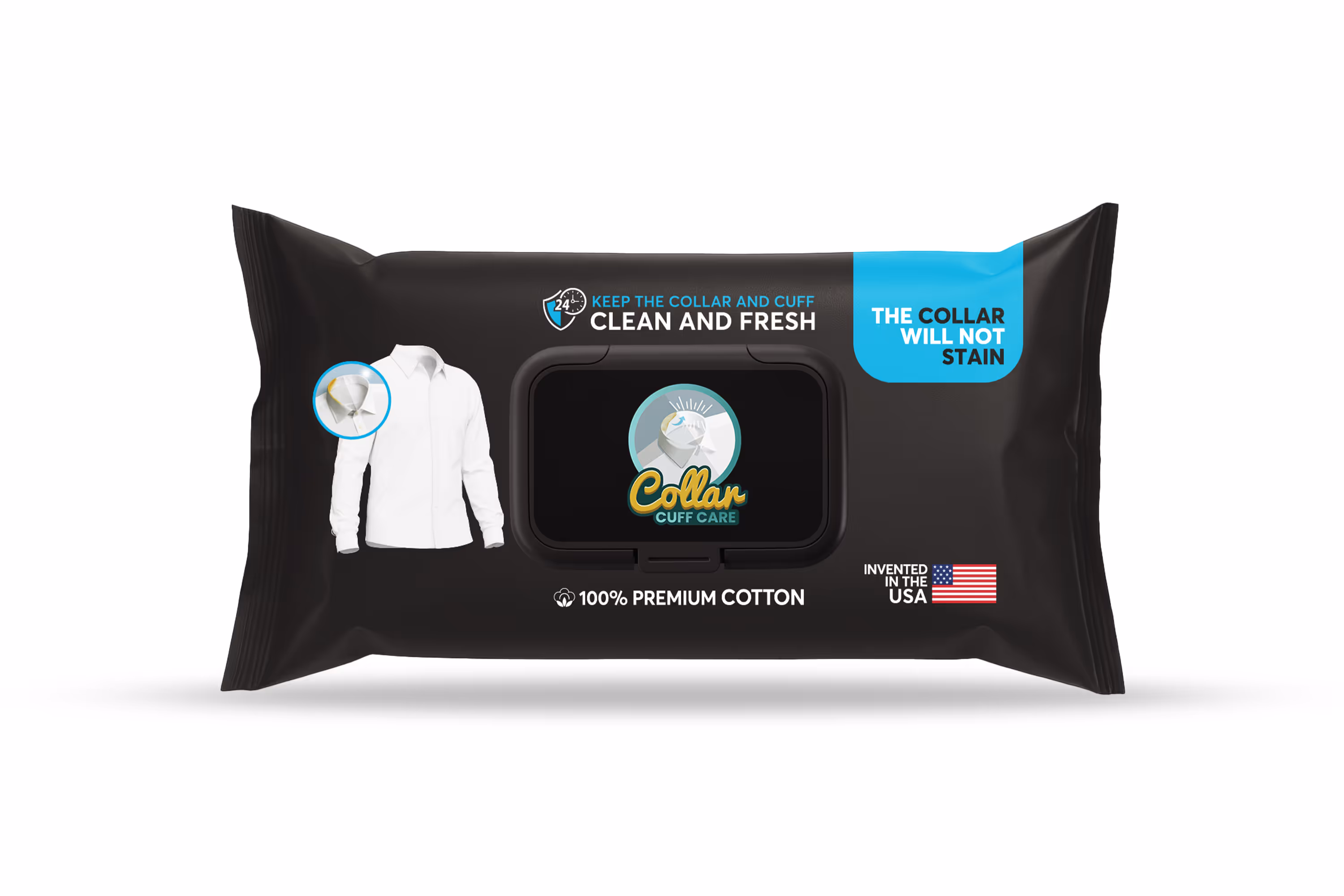 Package of Collar Cuff Care wipes featuring a white shirt with a clean collar, stating the collar will not stain and made of 100% premium cotton, invented in the USA.