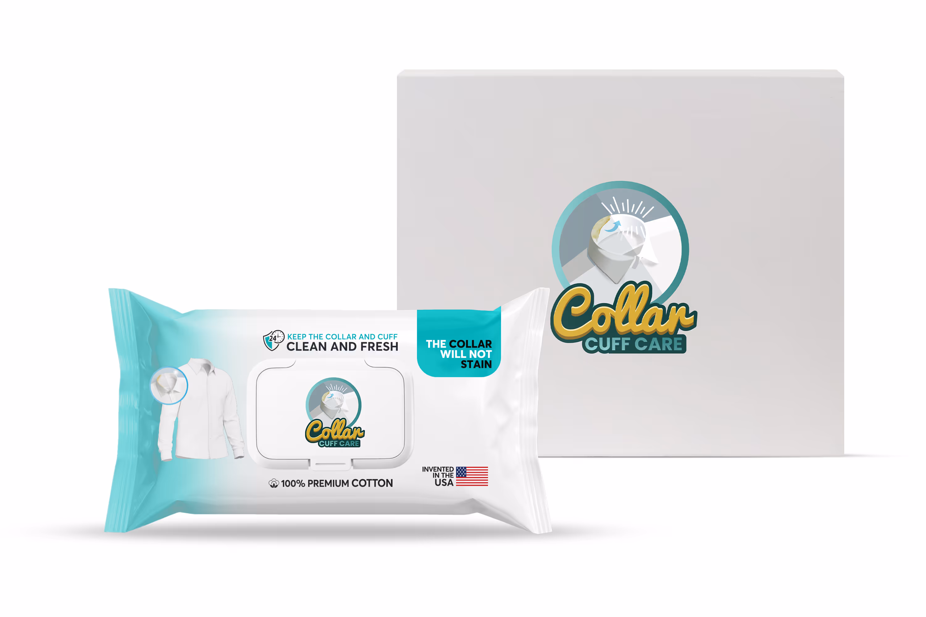 Package of Collar Cuff Care premium cotton cleaning wipes with box, designed to keep shirt collars and cuffs clean and stain-free.