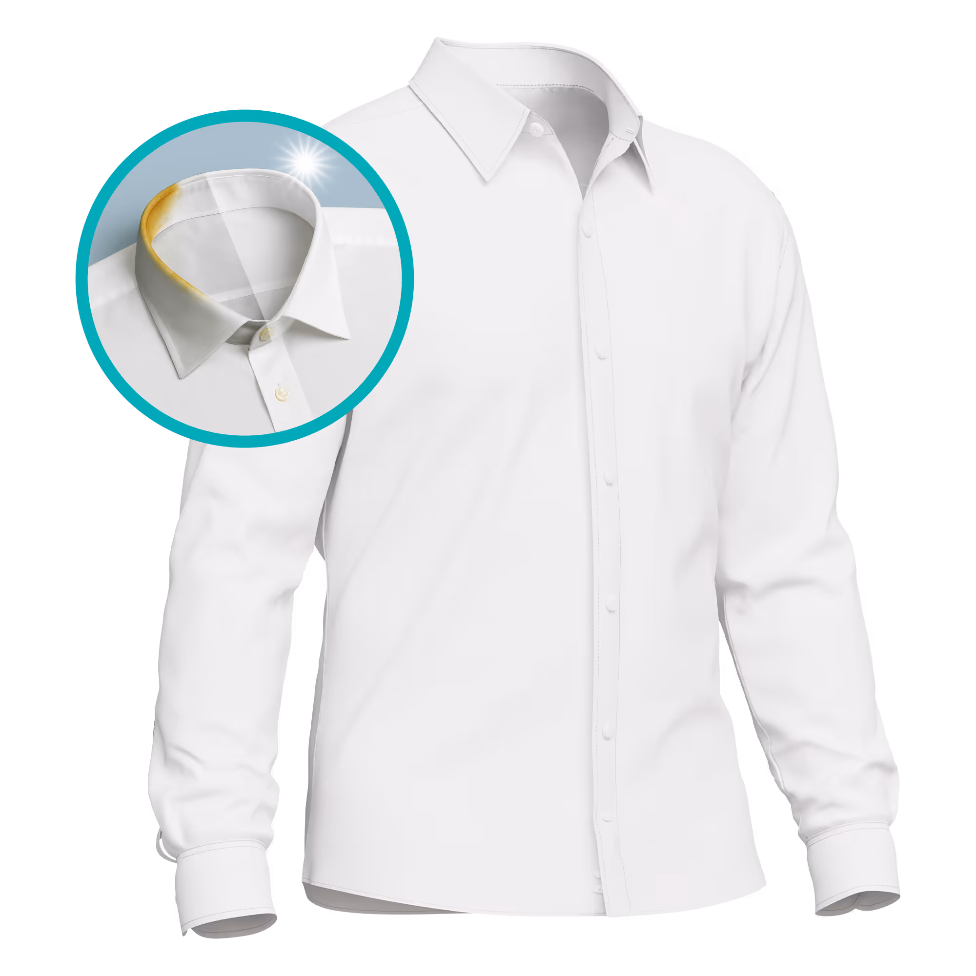 White long-sleeve button-up shirt with an inset detail showing a collar stain before cleaning.