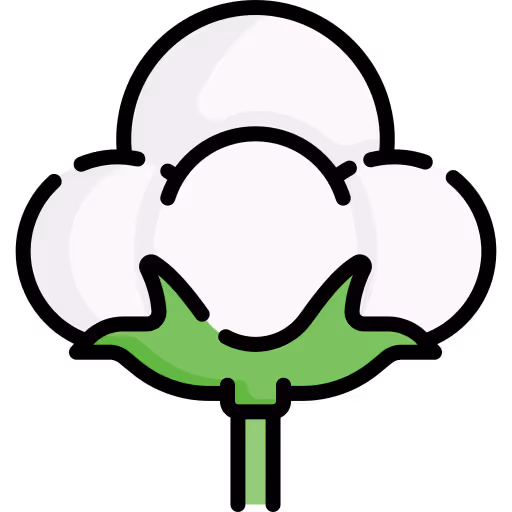 Illustration of a white cotton boll with green leaves and stem.