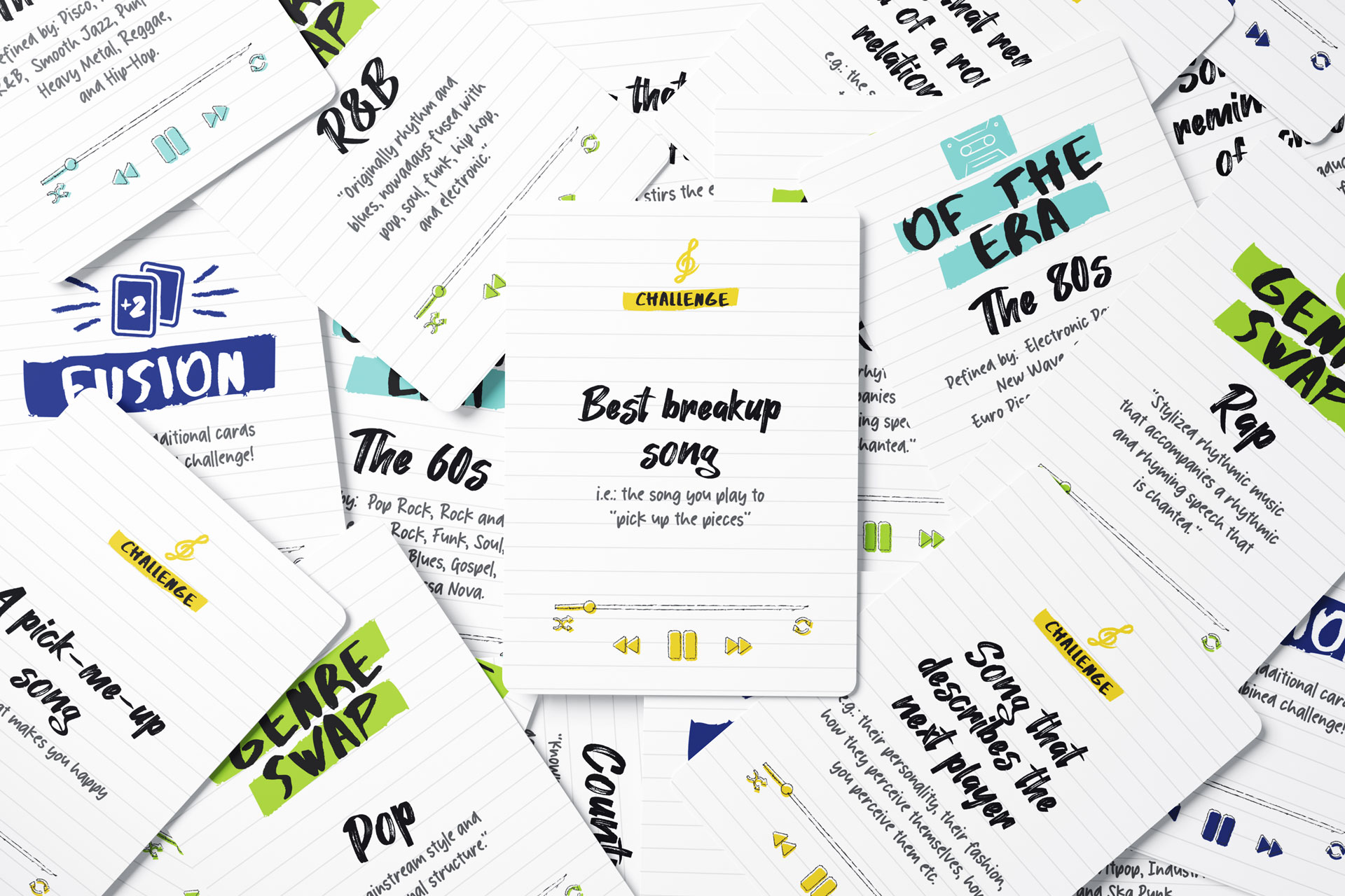 Scattered cards from The Playlist Game with challenges and genre descriptions like 'Best breakup song,' 'The 60s,' 'The 80s,' Fusion, and Genre Swap.