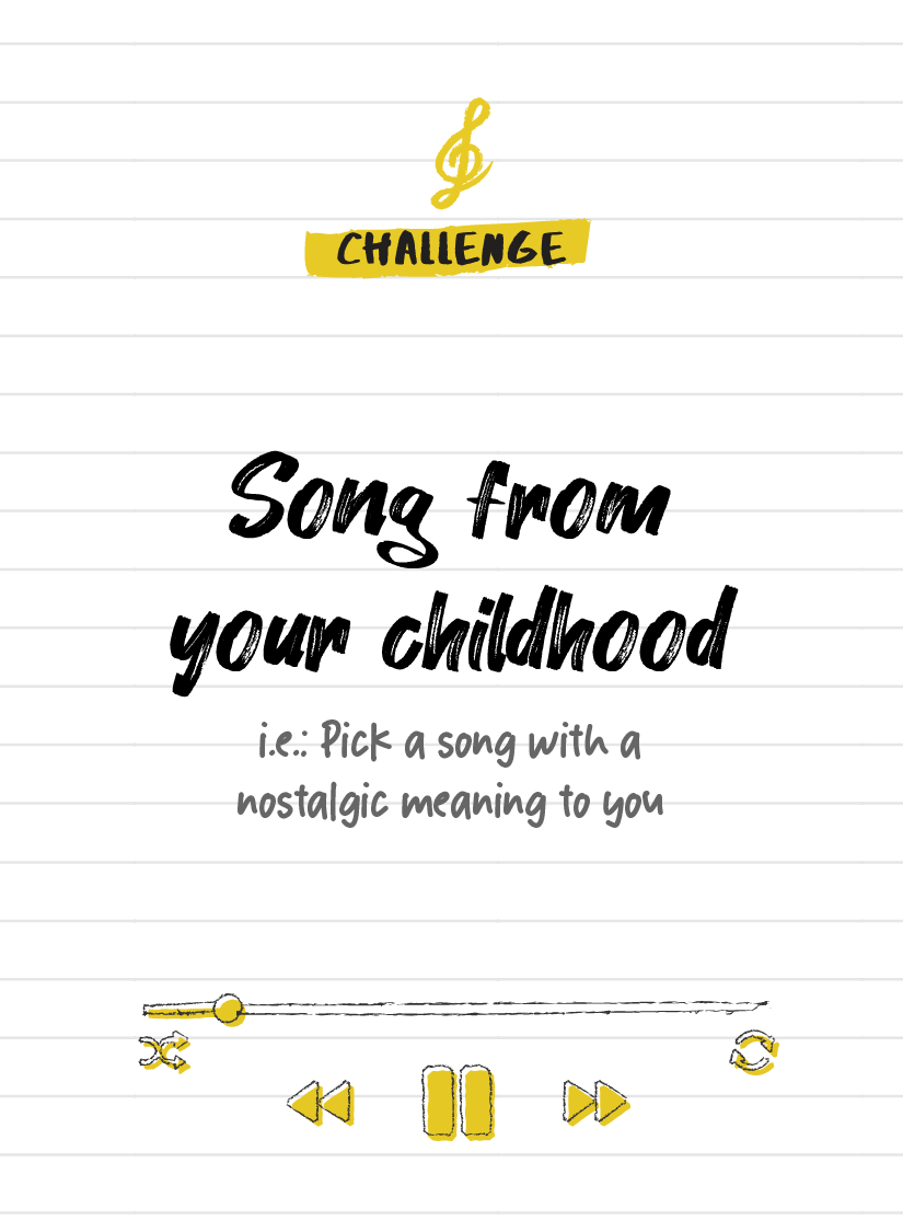 The Playlist Game card preview -  "Challenge: Song from your childhood"; "Pick a song with a nostalgic meaning to you."