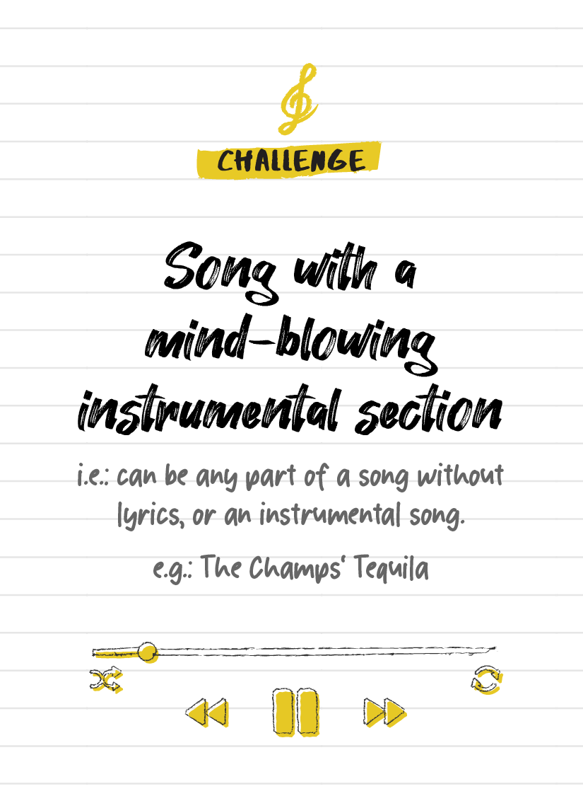 The Playlist Game card preview -  "Challenge: Song with a mind-blowing instrumental section";, "i.e. can be any part of a song without lyrics, or an instrumental song. e.g.: The Champs' Tequila"