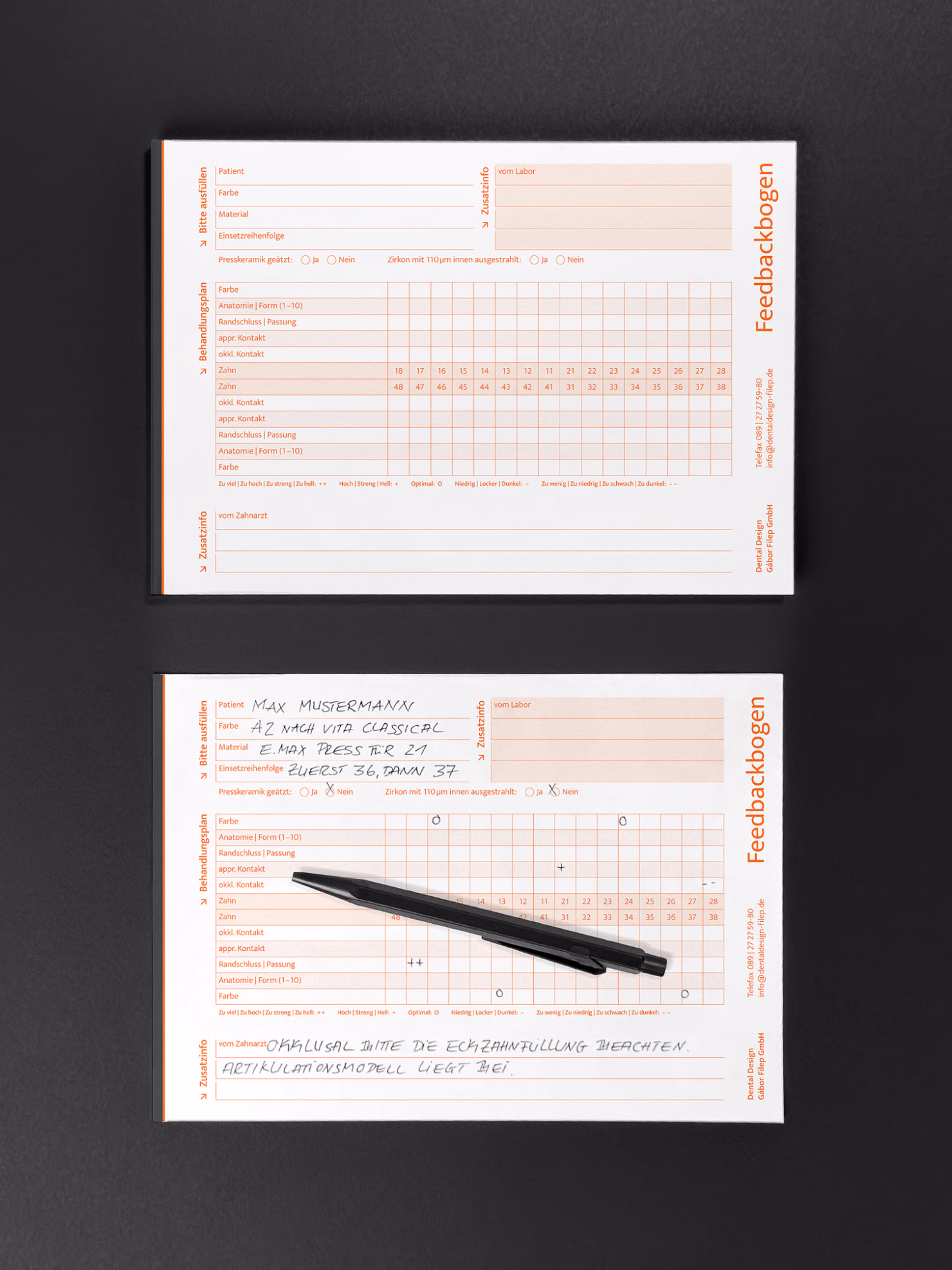 Feedbackbogen als Formular im Corporate Design des Dental-Branding-Case Gábor Filep.