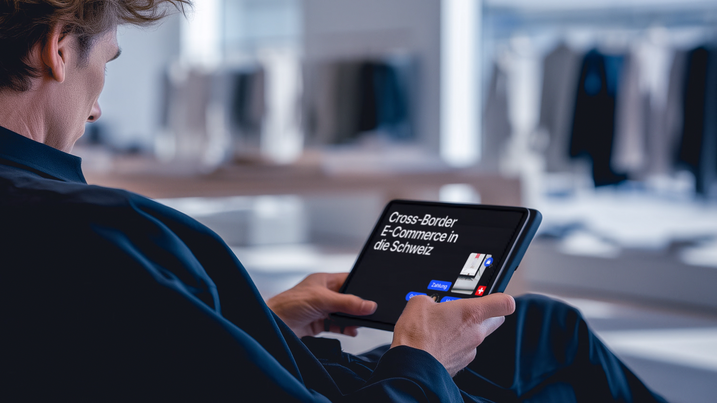 Anwendung eines Whitepapers zum Cross-Border E-Commerce in die Schweiz auf einem Tablet.