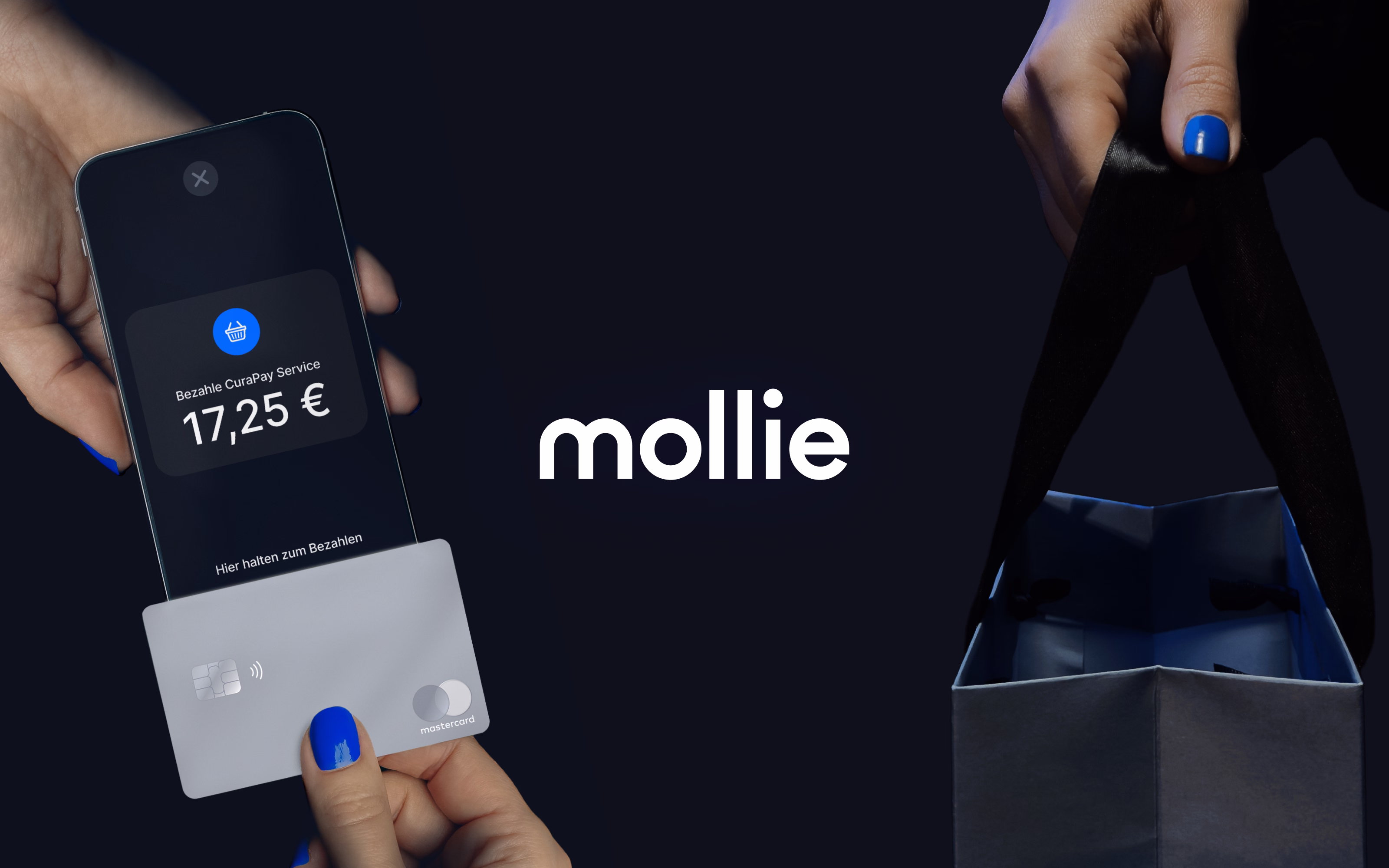 Visual für den Mollie Case: E-Commerce-Checkout mit digitalen Zahlungsmethoden wie Apple Pay, PayPal und Kreditkarte – Darstellung des einfachen Zahlungsprozesses.
