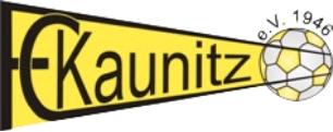 Logo von FC Kaunitz mit einem gelben Banner und einem Fußball neben dem Schriftzug.
