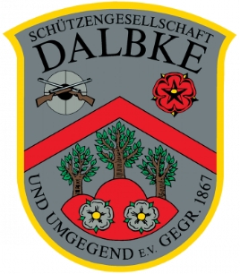 Wappen der Schützengesellschaft Dalbke mit roten Hügeln, drei Bäumen, zwei Gewehren und Blumen auf grauem Grund mit gelbem Rand.