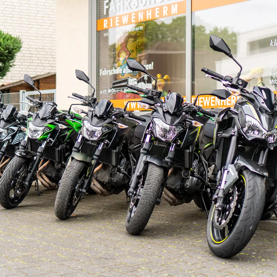 Fünf schwarze und grüne Motorräder sind auf einem gepflasterten Boden vor dem Schaufenster einer Fahrschule nebeneinander geparkt.