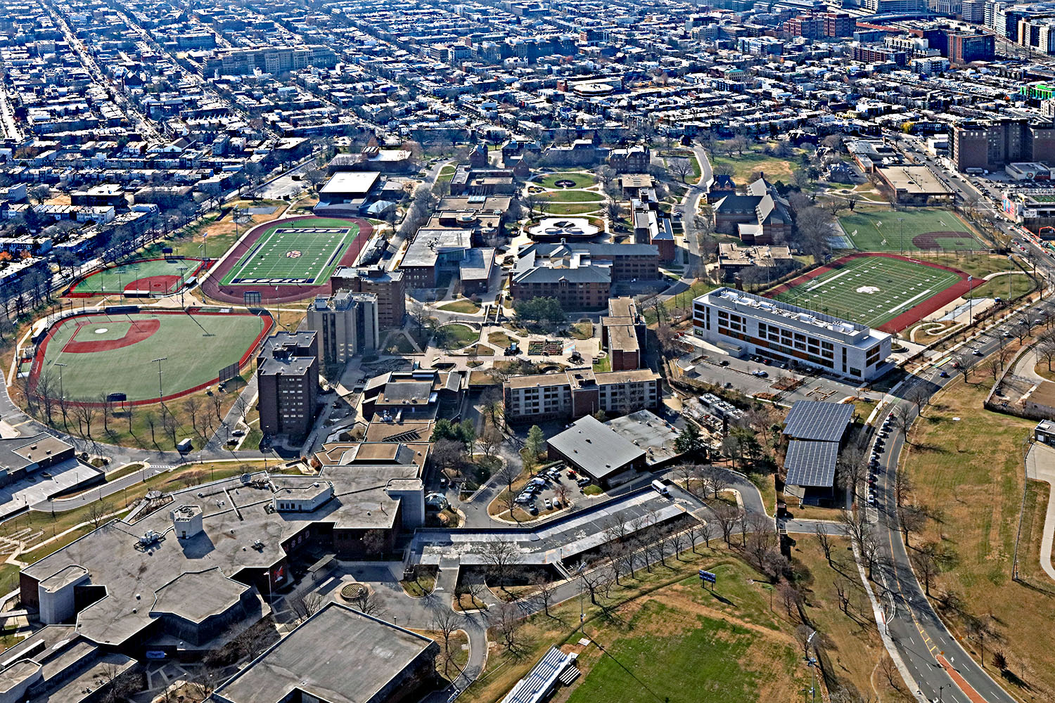 Aerial view of the southwest side of the Gallaudet University campus.