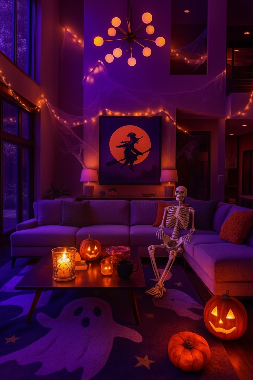 Full Halloween night scene with purple string lights, witch-and-moon art, cobwebs, skeleton, and glowing jack-o’-lanterns.