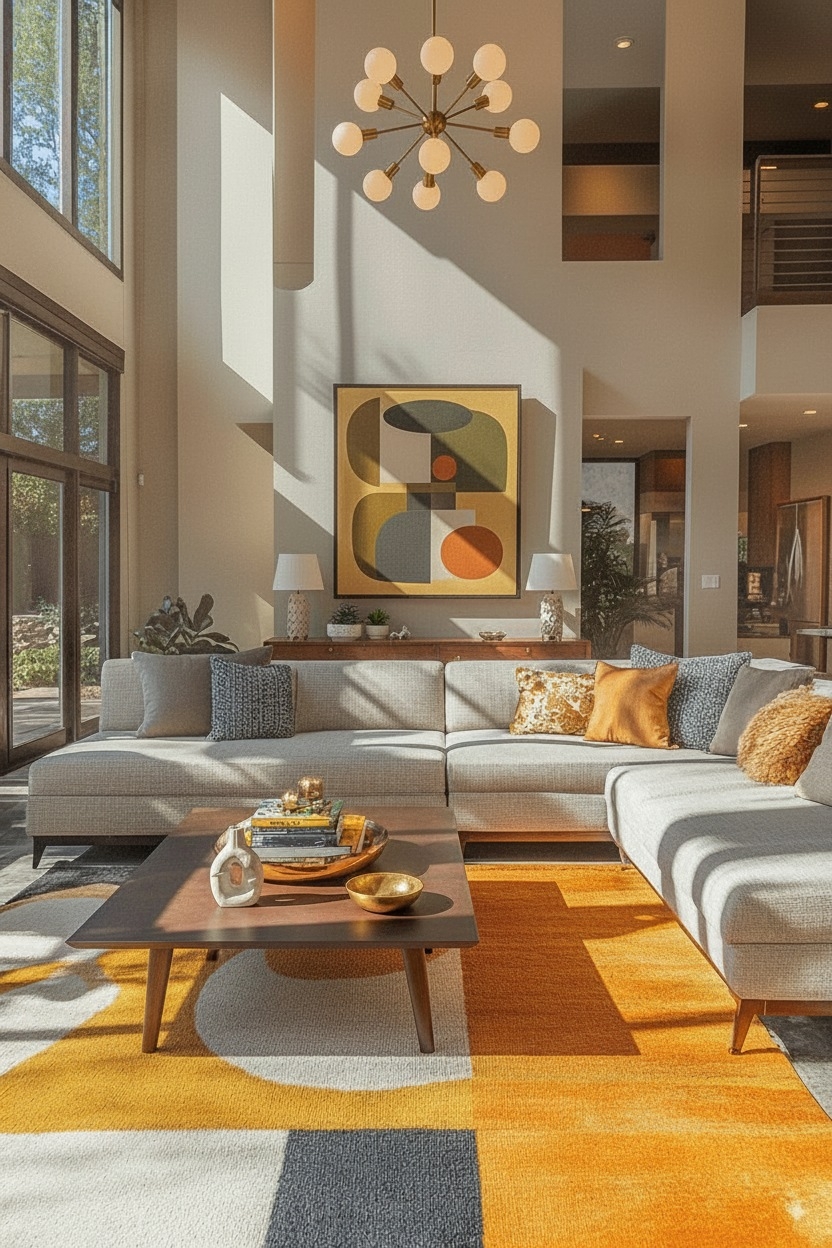 Bright modern living room with neutral sectional and geometric rug