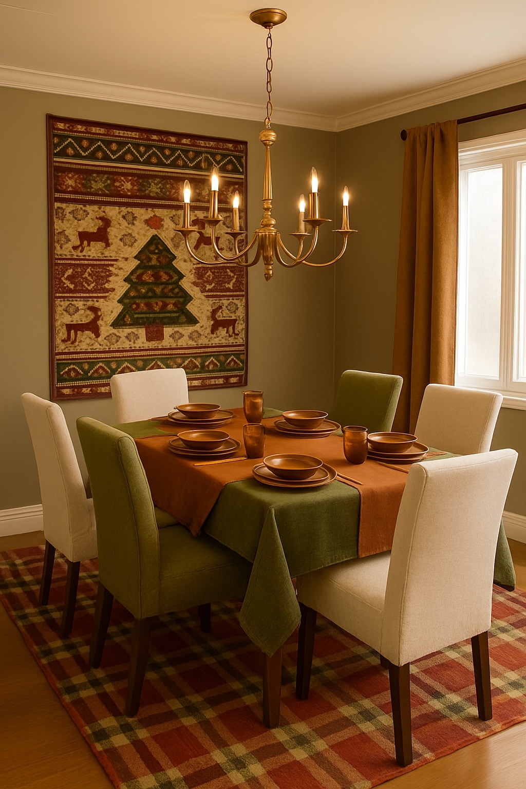 A dining room for daylight lunch with Christmas decor items