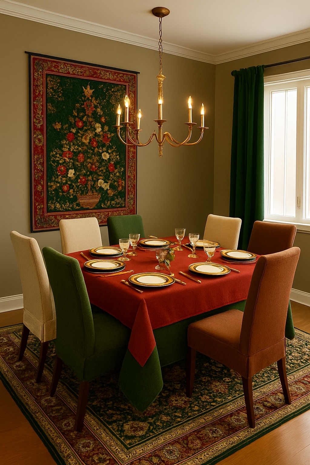A dining room for daylight lunch with Christmas decor items with more constrast in colors