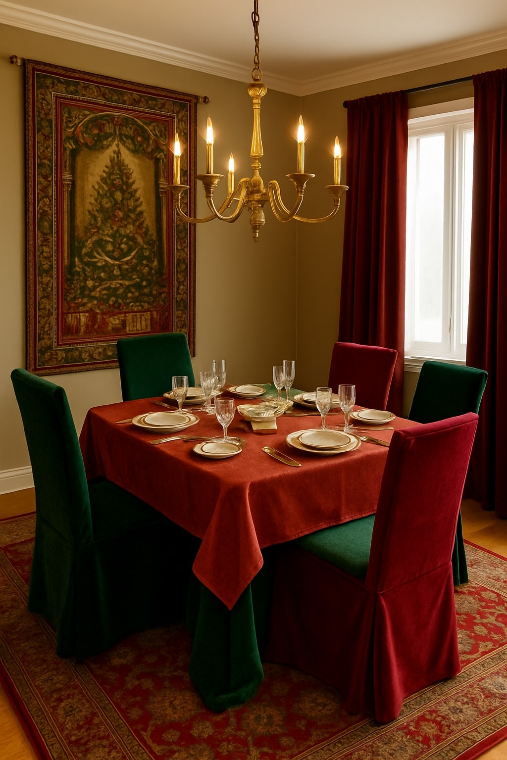 A dining room for daylight lunch with Christmas decor items with vivid colors