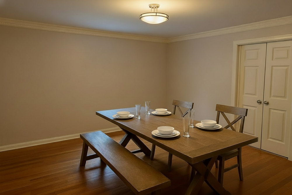 A plain dining room with wood table and chairs
